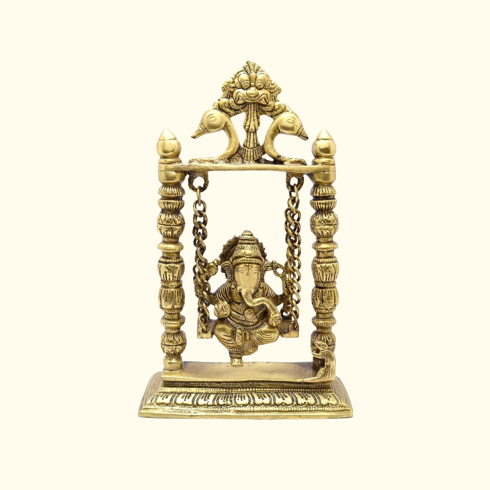 

Original Brass Antique Gold-Yellow Ganesha On Swing Jhoola Showpiece Idol, Brass