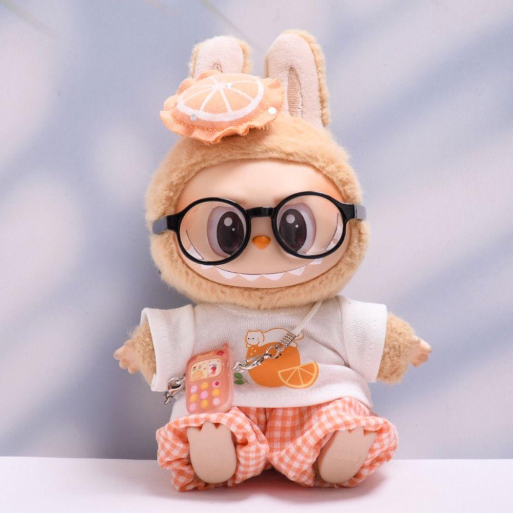 Orange Sitting Labubu Time Cloth Plaid Pants 17cm Plush Dolls Clothes  Kids Girls Toys