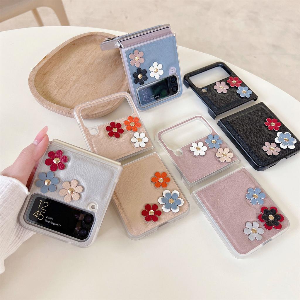 For Samsung Galaxy Z Flip 4 5g Case Korean Style Three -Dimensional Flower Leather Case For Galaxy Z Flip 4 5g Lightweight Cover