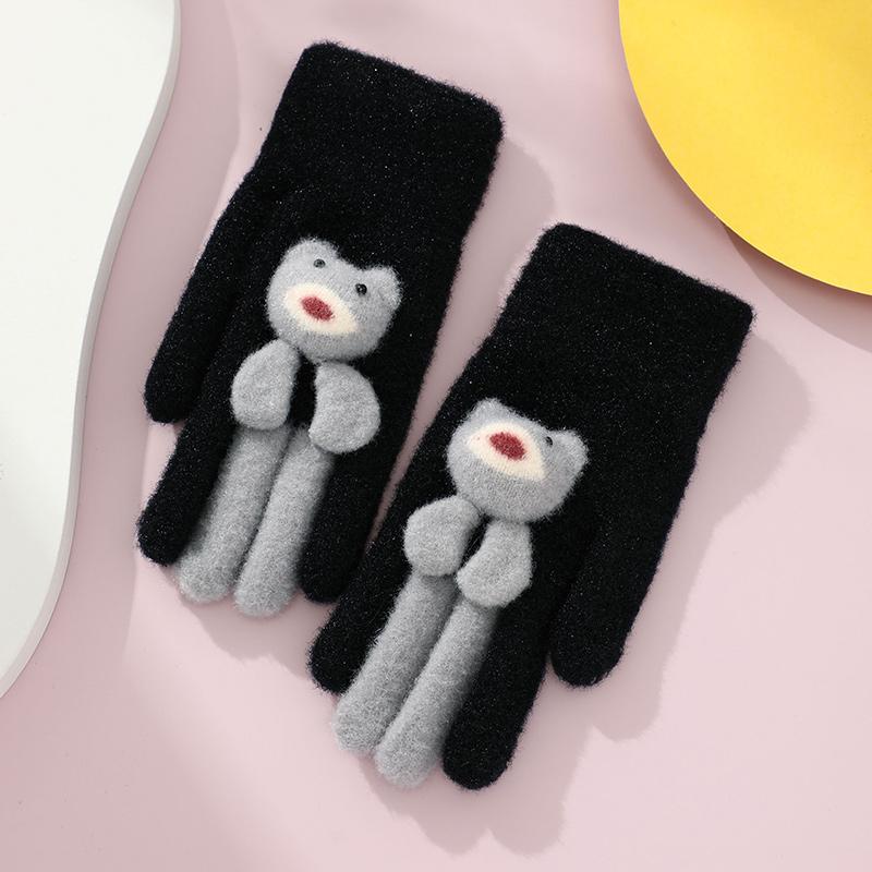 Autumn Winter Cute Bear Touchscreen Shopping Daily Use Commuting Cycling Stay Warm Knitted Gloves One Size чёрный