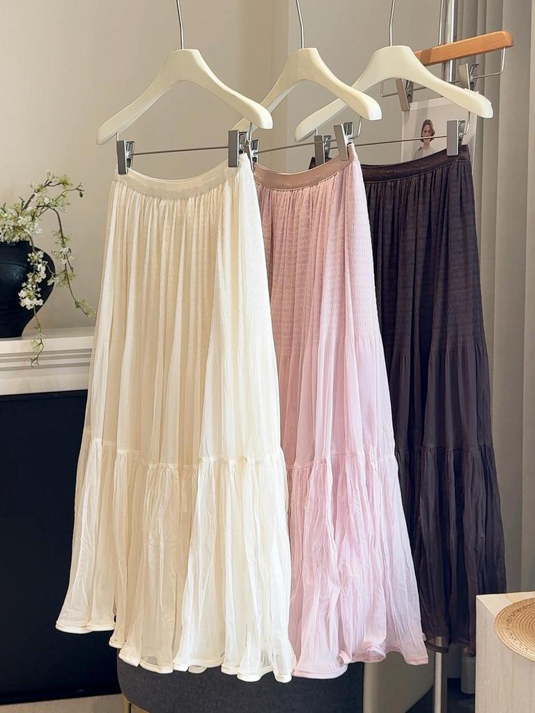 Elegant Pleated Mesh Patchwork A-Line Skirt - Women's Autumn Elastic Waist Midi