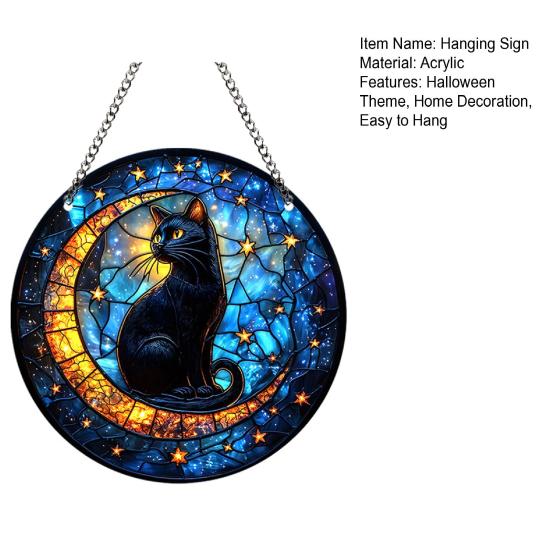 Halloween Witch Black Cat Hanging Sign 2D Flat Acrylic Broom Witch Round Sign Indoor Outdoor Porch Door Hanger Wall Hanging Decoration