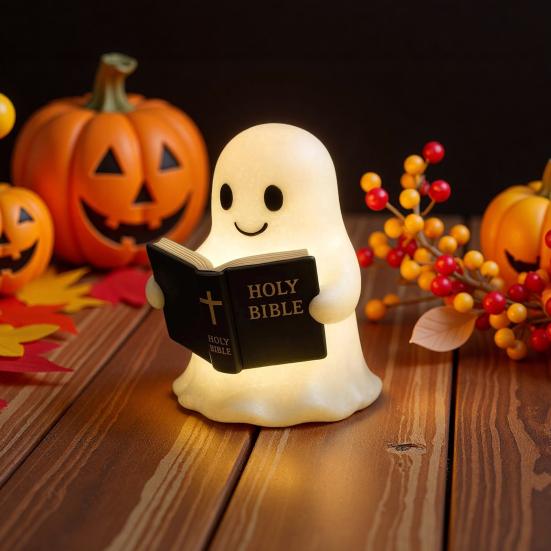 Yousheng Ghost Bible Lamp Cute Ghost Reading Book Night Light 3D Resin Light Up Ghost Figurine Halloween Table Lamp for Bedroom Home Shelf Indoor