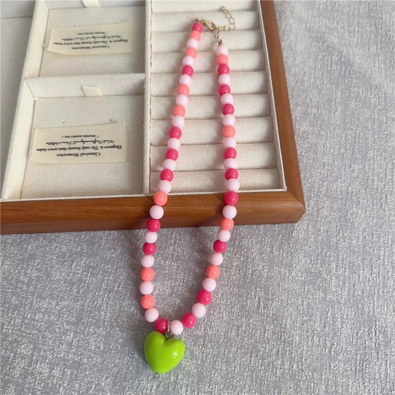 Fashion Cute Candy Color Heart Pendant Resin Beaded Choker Necklace For Women Girls Trendy Goth Vintage Aesthetic Accessories