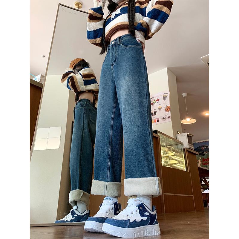 

Women s Fleece-Lined High-Waisted Winter Jeans - Plus Size, Straight-Leg, Loose Fit, Slimming, Wide-Leg, Ideal for Pear Shapes L