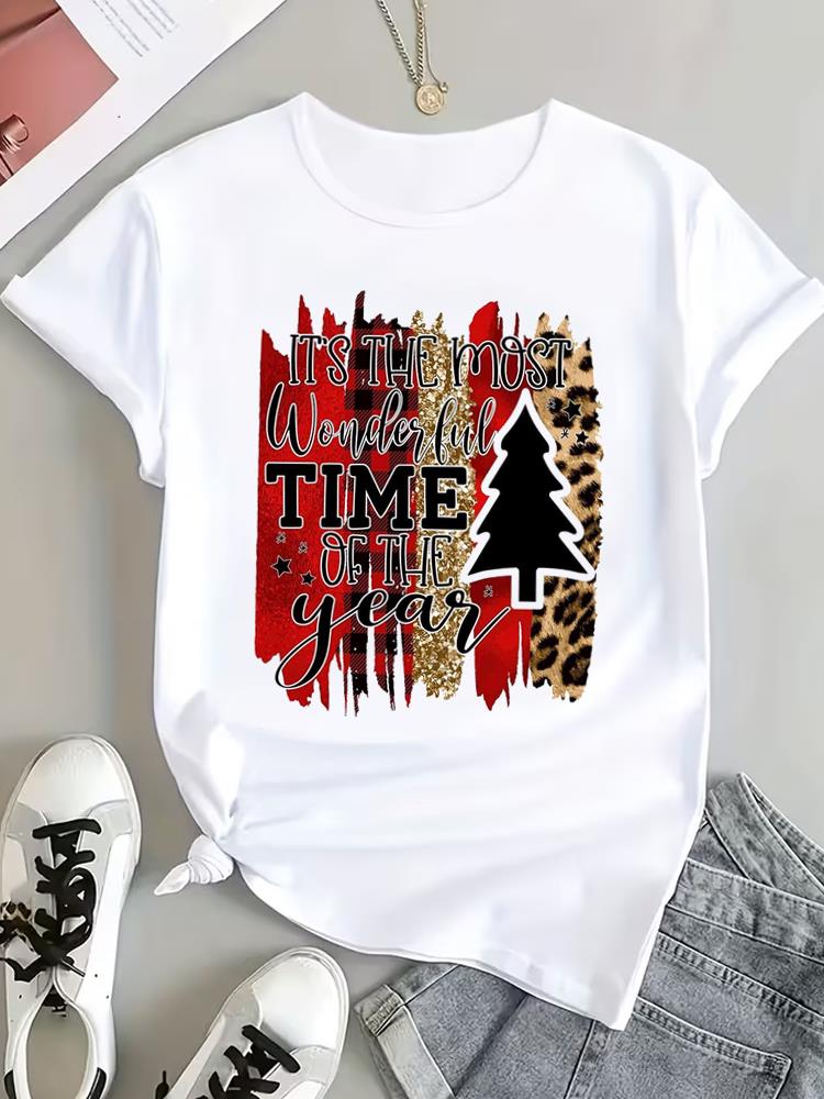 (Asian Size) Peace Trend Christmas Clothing T Shirt Tee Top Festival New Year Women Fashion Print Female Woman Short Sleeve Graphic T-shirts