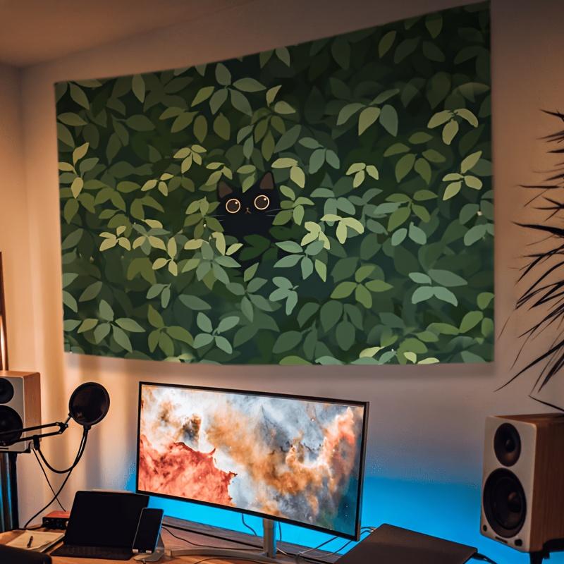 

Причудливый Черный Милый Кот Зеленые Листья Настенный Гобелен 100% Полиэстер Декор для Подвешивания в Гостиной Спальне Общежитии Доме 74x94cm(29x37in)