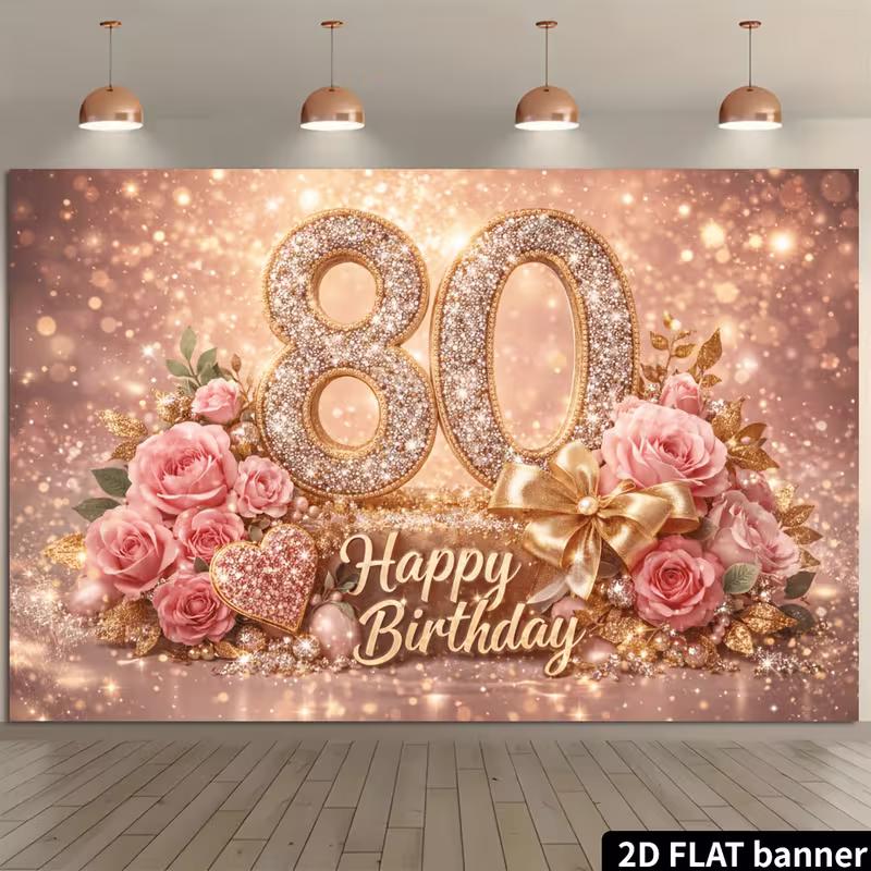 2D Rose Gold Glitter 80th Birthday Banner Photography Background 47.2x31.5inch/120*80cm
