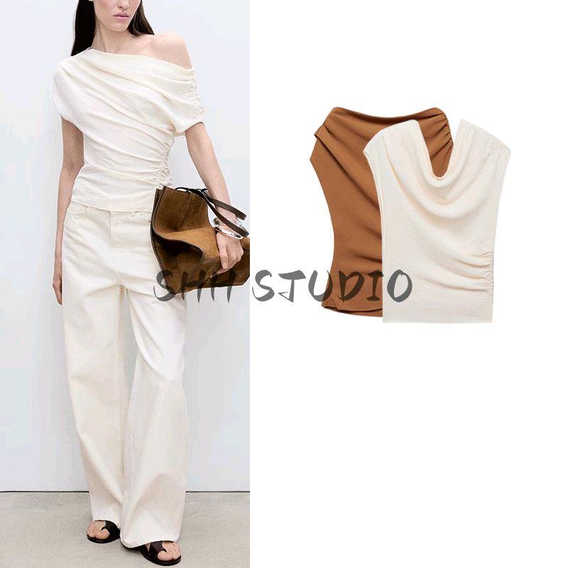 Spring and Summer New Arrival Women's Clothing French Minority Ruched Decorative Asymmetric Shoulder Waist-Controlled Top 87075751