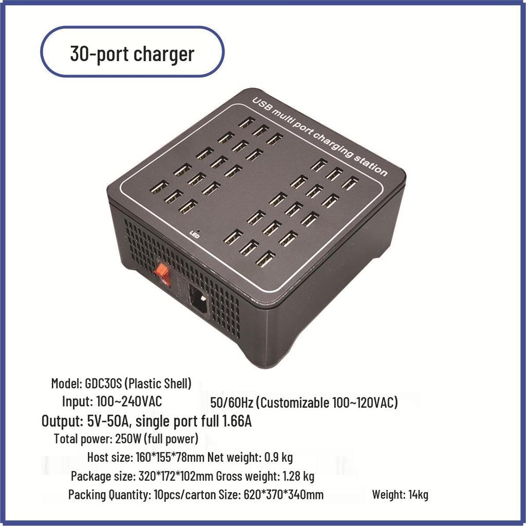 Multi-Port USB Charger: 10-50 Ports, 5V, 120W Power Adjustments