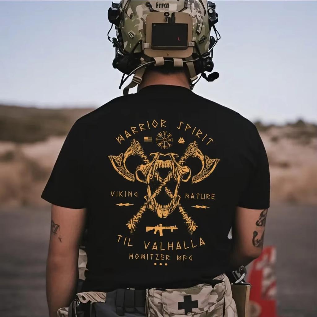Unisex Graphic T Shirt Howitzer Mfg Warrior Spirit Viking Axe Beast Skull Circle Badge Large Back Print Til Valhalla Norse