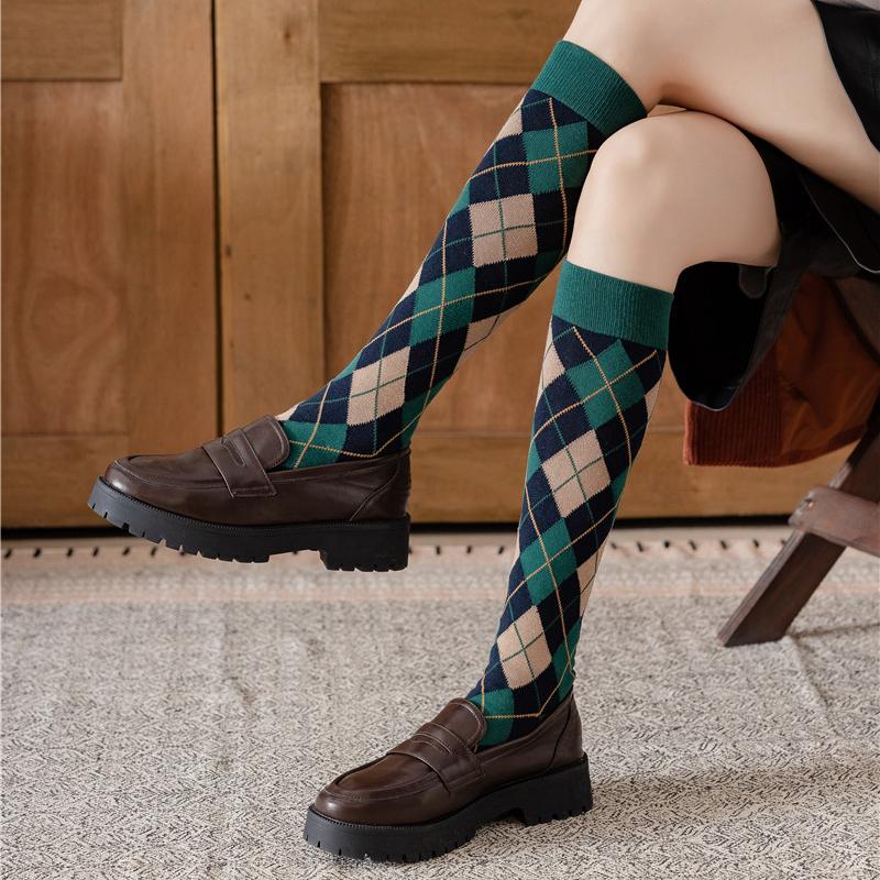 Colorful Spring Pattern ins fashion Diamond plaid Knee socks women Party Queen knee-high stockings Over Knee long ladies girls