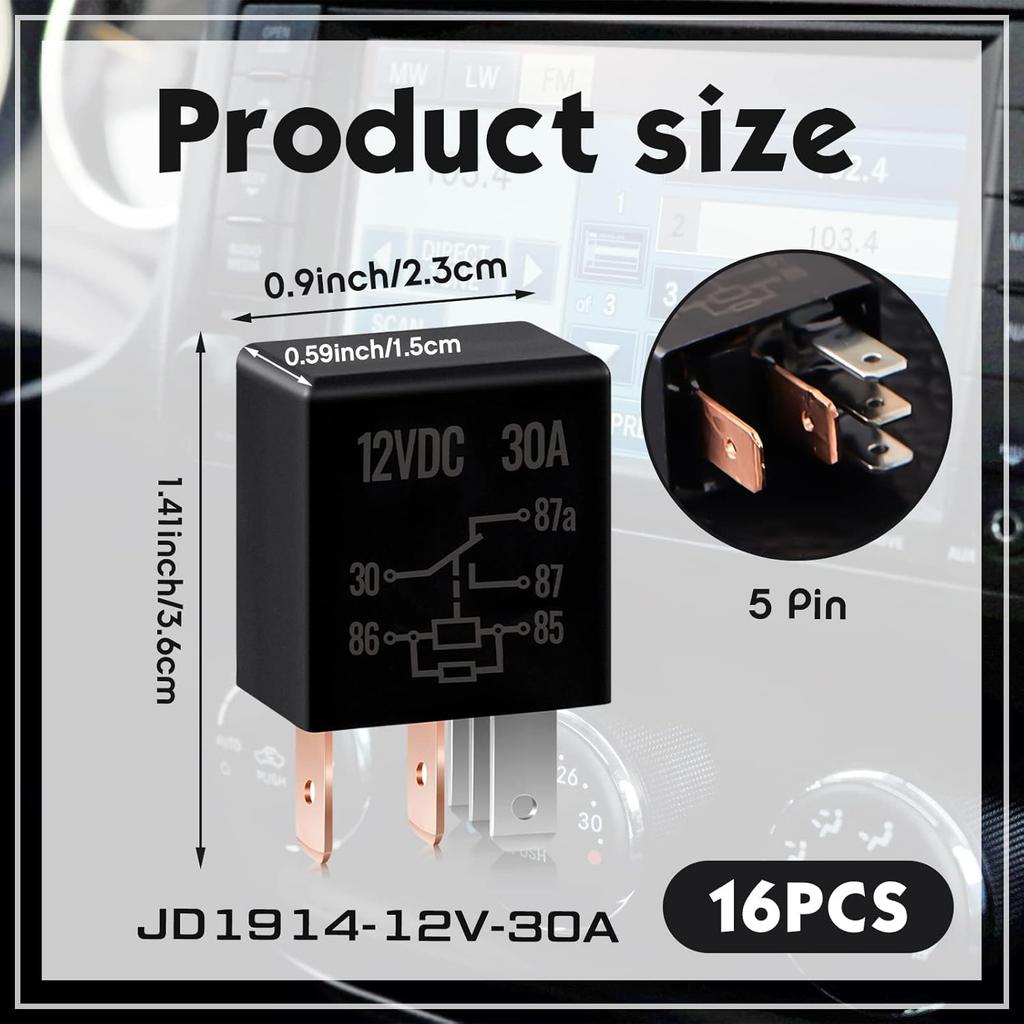16 Pieces 5 Pin 12V 30A Relay Multi Purpose Automotive Relay Car Heavy Duty Accessories for Car Motor Automotive Replacement Accessories