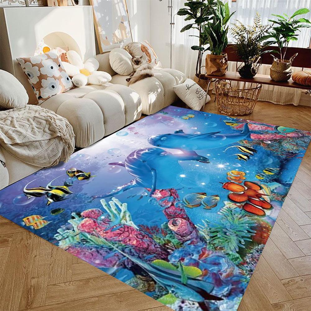 Large Dual Scene Ocean Area Rug Beach Sunset and Underwater World Living Room Bedroom Unique Decor Carpet Home Decoration Mat
