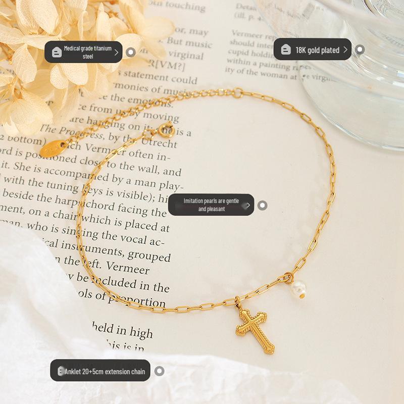 European & American Niche Design Pearl Cross Pendant Gold-Plated Anklet: Simple, Fashionable, Titanium Steel, Fairy Style for Women