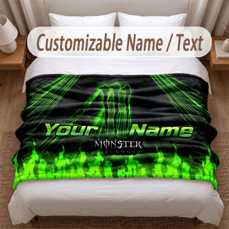 Monster Energy Printed Flannel Blanket Custom Name Text Soft Warm Throw For Bedroom Holiday Gift
