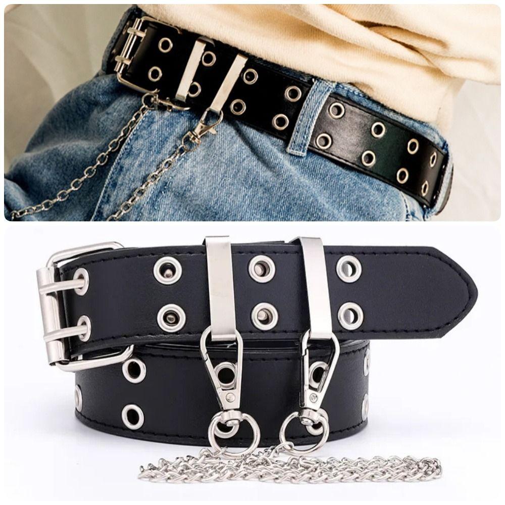 

1 шт., двойной/одинарный пояс с отверстиями и цепочкой, джинсовый пояс в стиле панк, пояс с цепочкой для женщин
