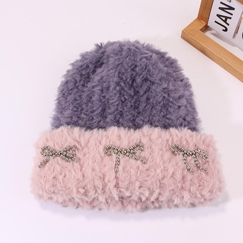 Autumn and Winter Warm Plush Hat for Women with Bow Knitted Hat Outdoor Cold Color Proof Pullover Hat Ear Protection Korean Cold Hat