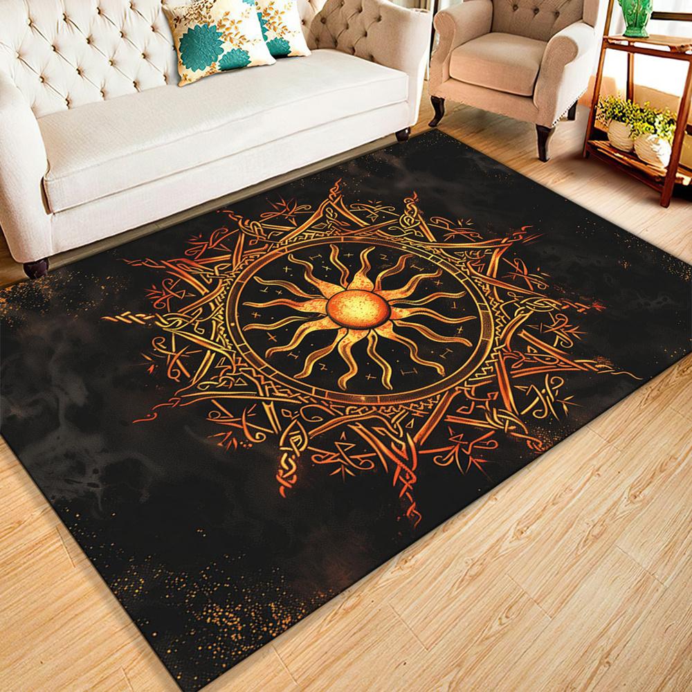 Large Sun Motif Area Rug - Durable  Crystal Velvet Polyester Carpet with Intricate Golden Sun Design for Living Room,