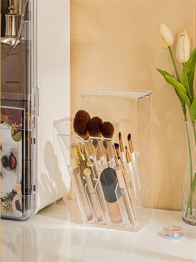 1 Stück Klarer Acryl Make-up Pinselhalter - Verstellbarer Kosmetik-Organizer für Schminktisch, Schreibtisch-Aufbewahrungsbox mit Fächern, Bohrfrei