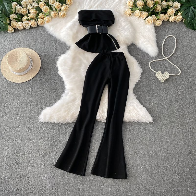 

Yujie Style Temperament off-Shoulder Tube Top Vest Design Sense Side Zipper Waist Hugging Top + High Waist Trumpet pants Set Black S