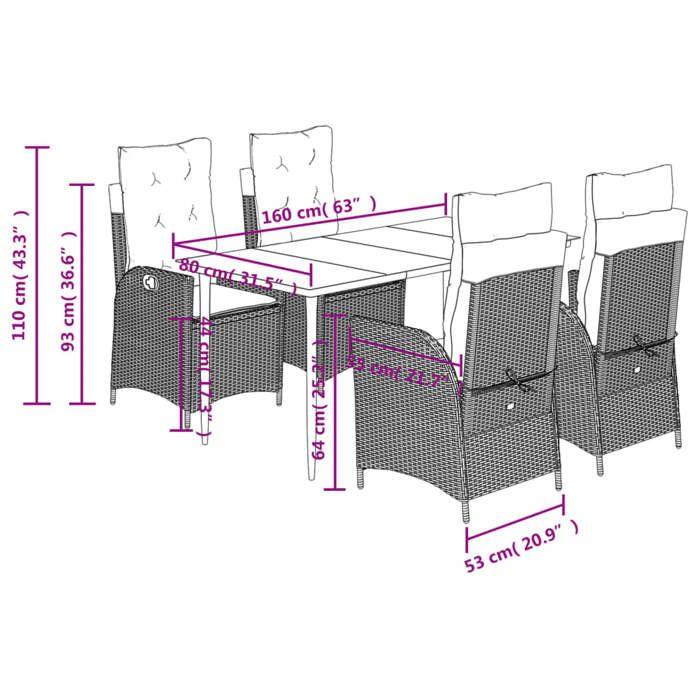 VidaXL Ensemble à Manger de Jardin avec Coussins 5 pcs, Table et Chaises avec Dossier Réglable, Meubles d'Extérieur, 3213158