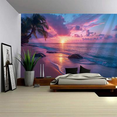 Tapestry Wall Hanging Dreamy Landscape, Sunrise, Beach Coconut Trees, Home Living Room, Bedroom Wall Decoration Background Cloth