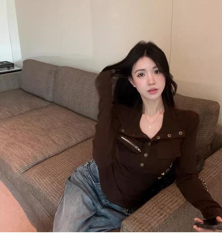 Women's Spicy Girl Style Stand-Collar Slimming Slim-Fit Long-Sleeve T-Shirt, Autumn/Winter, Stylish Waist-Cinching Base Layer