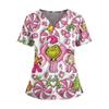 Women's Christmas Print V-Neck Double Pocket Short Sleeve  Uniform Top With Slit Hem