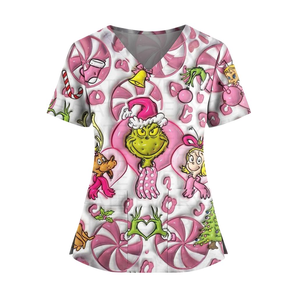 Women's Christmas Print V-Neck Double Pocket Short Sleeve Uniform Top With Slit Hem