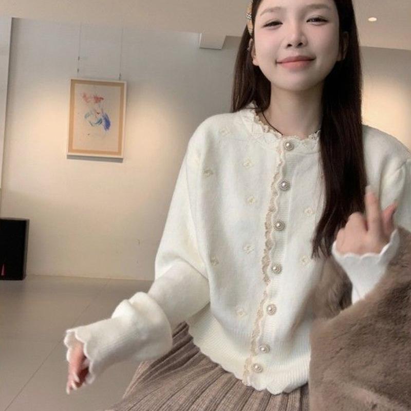 Pink Bow Lace Knit Patchwork Cardigan New Sweet Jacket Sweater Top Knitted Long Sleeve