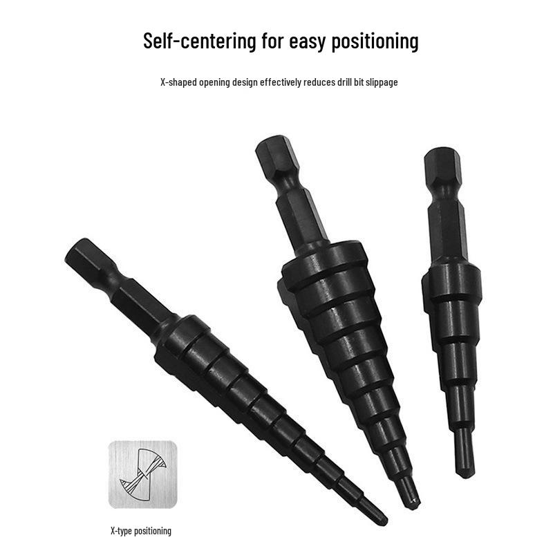 3-Piece Hex Shank Straight Flute Step Drill Set: Bearing Steel Conical Drill Hole Opener (Sizes 3-12, 4-12, 4-20).