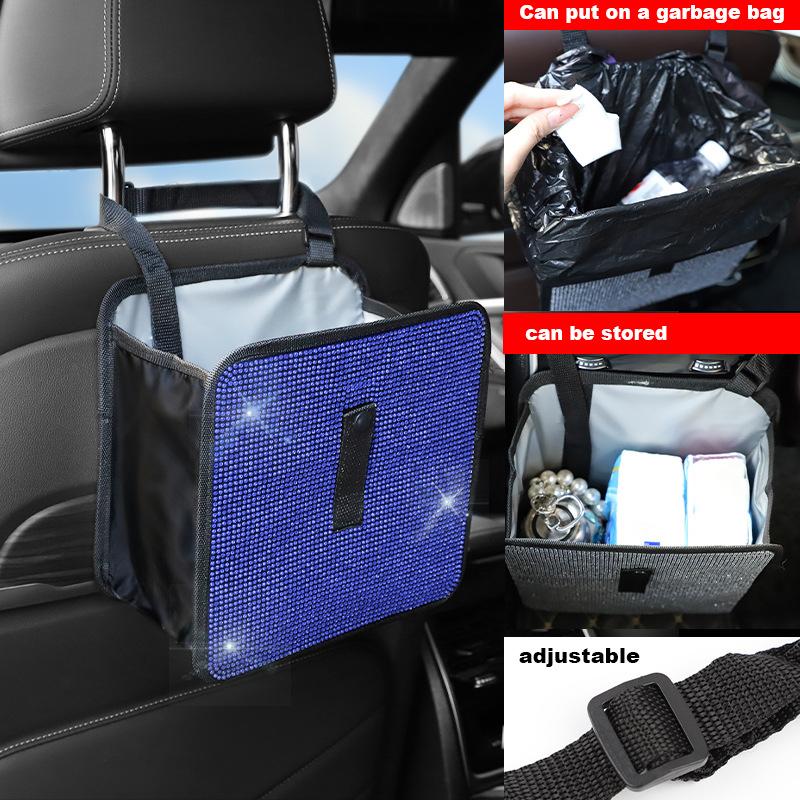 Bling Collapsible Car Trash Can Large Capacity Seat Back Hanging Garbage Storage Bag Organizer For Women Interior Accessories
