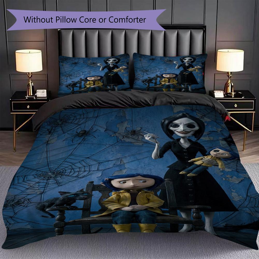 1PC Coraline Pattern Bedding Quilt Set Quilt Cover Pillowcase Home Decoration Birthday Gift (1 * Duvet Cover + 2 * Pillowcase, Without Core)