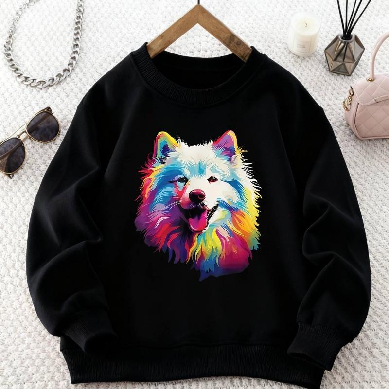 Kids Crewneck Sweatshirt, Colorful Dog Print Casual Long Sleeve Top