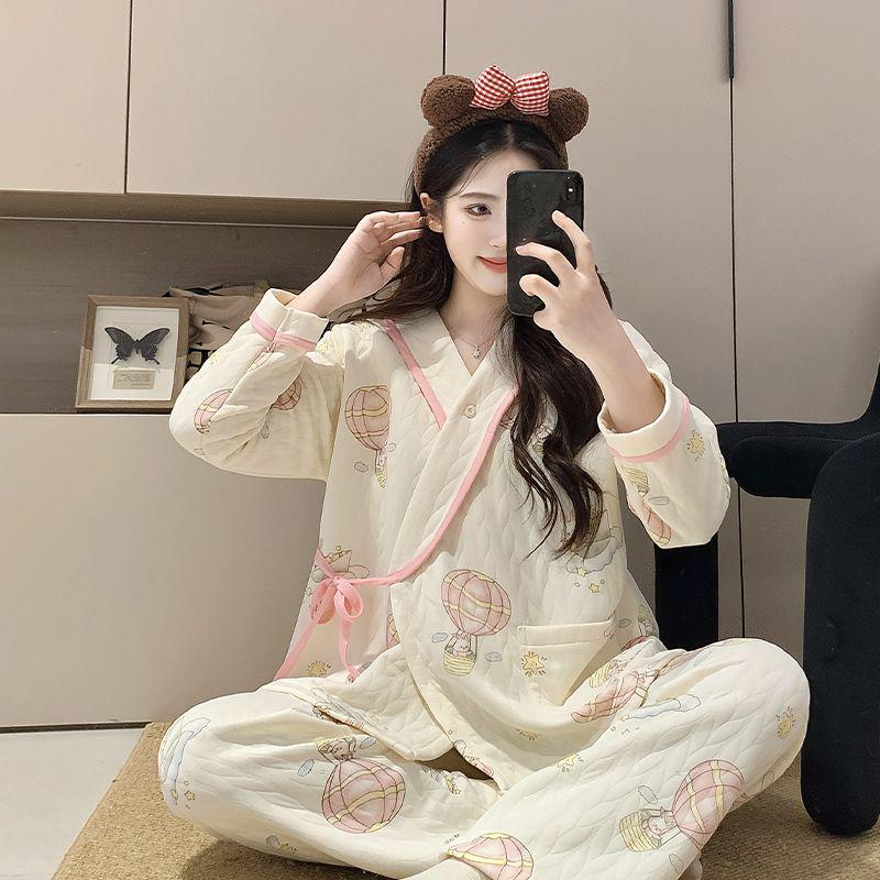 Plus Size Maternity Kimono Pajamas - Autumn/Winter Cotton for Postpartum & Breastfeeding