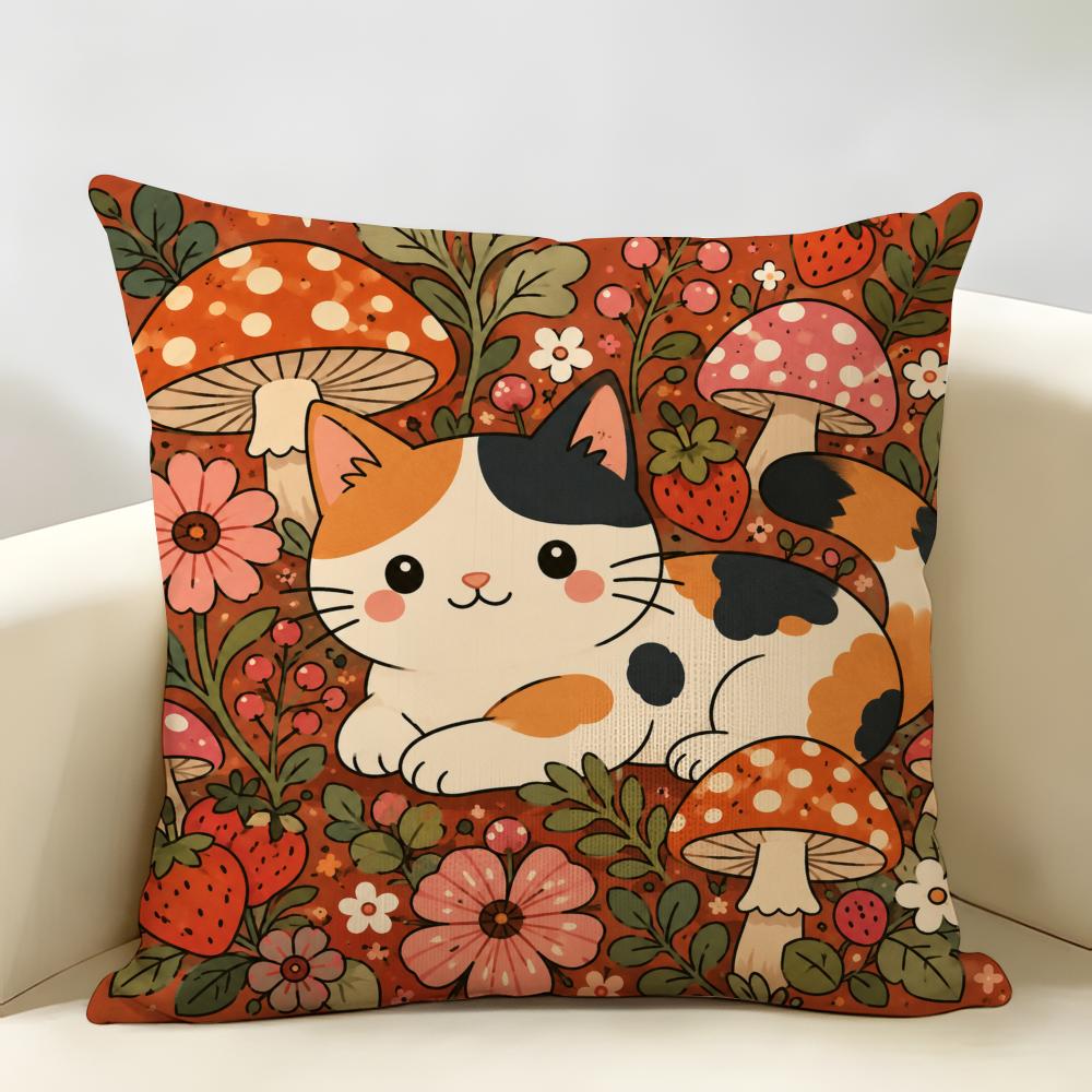 Cute Cartoon Cat Print Cushion Cover Natural Linen Organic Fabric Double-Sided Printing Breathable Perfect For Home Decor