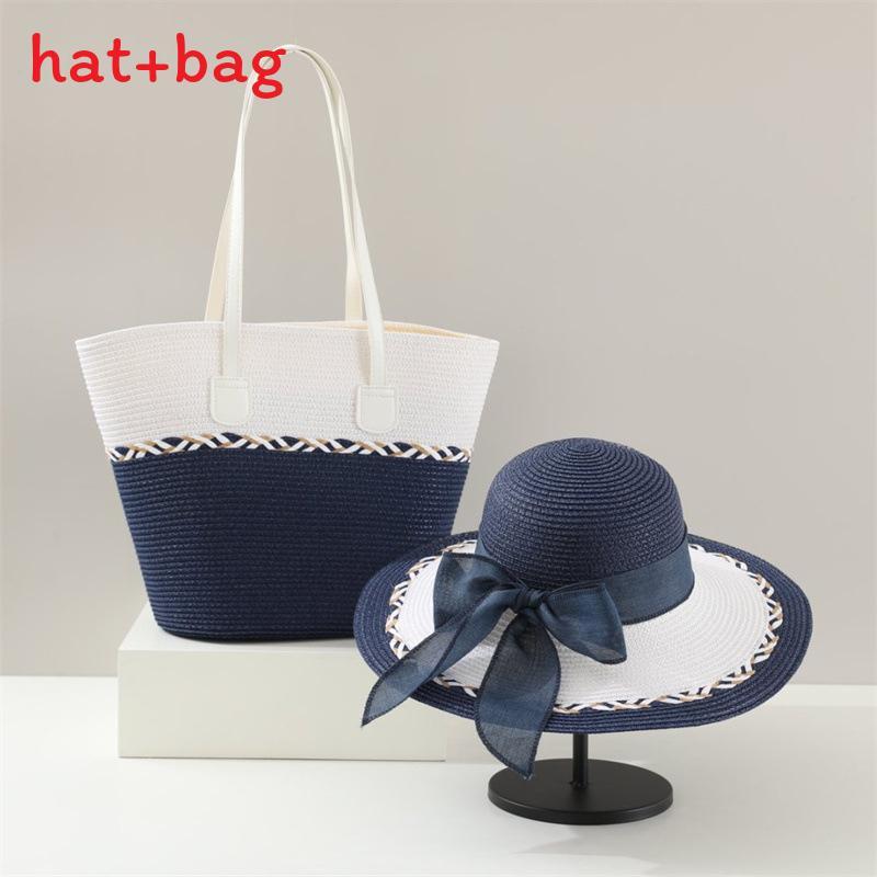 Woven Sun Hat And Large Capacity Straw Tote With Striped Pattern For Travel And Casual Wear