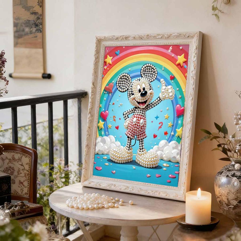 Rainbow Heart Mickey Pearl-Inlaid Frameless Art | Handmade Pearl Craft, Rainbow Cloud Theme, for Playful Home Decor & Great Gift Choice