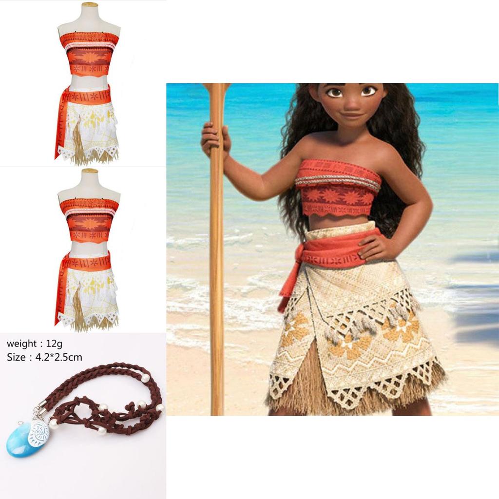 Delightful Girls Kids Moana Princess Costume Fancy Dress Set With Elegant Necklace Accessory