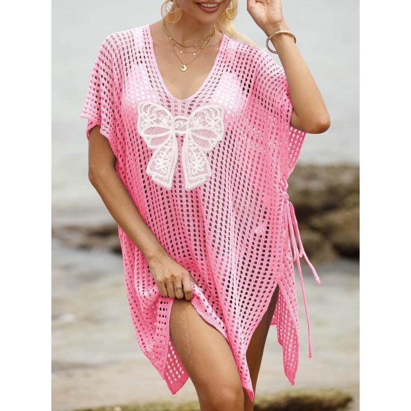 Plus Size Women's Lace Butterfly Splicing Woven Hollowed Out Beach Bikini Smock Dress