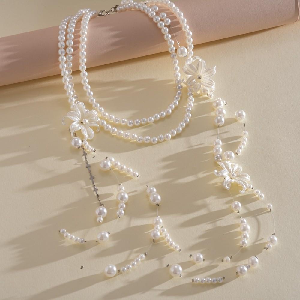 Multi Layer Lilium Flower Pearl Necklace Balletcore Style Stacked Flower Choker Strapless Dress