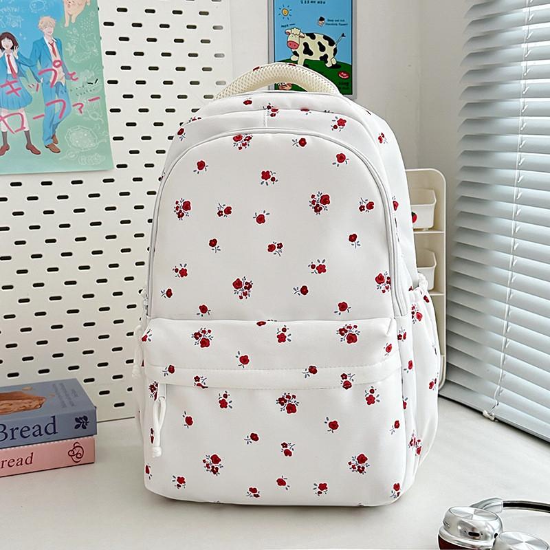 Minimalist Nylon Student Backpack With Geometric Pattern And Floral Details For Daily Use