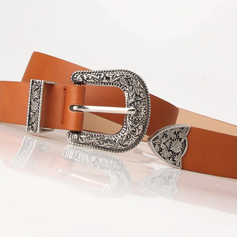Womens PU Leather Belt With Engraved Alloy Pin Buckle Vintage Style Waistband Jeans Casual Office
