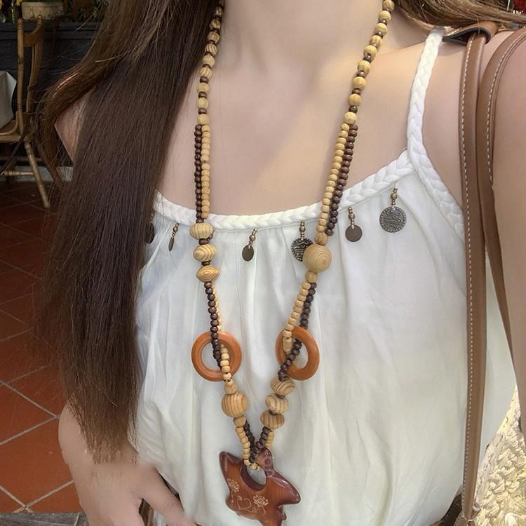 Bohemian Wood Beads Beaded Acrylic Star Moon Pendant Necklace Retro Elegance Versatile Necklace