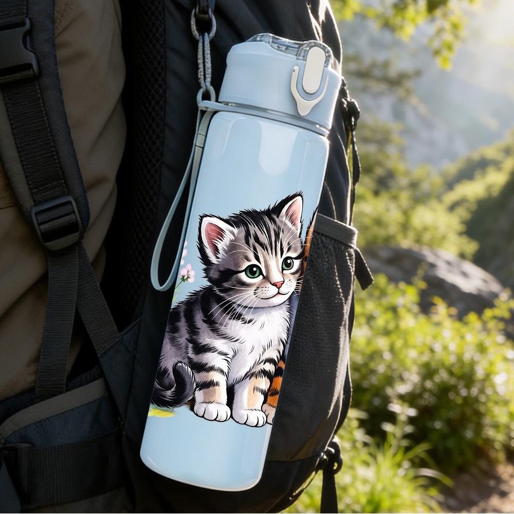 1PC Two Kittens Cute Pet Pattern 750ml Color Plastic Sports Water Bottle Leakproof Flip Straw Lid Suitable for Sports Office Home Use