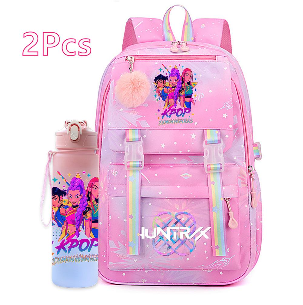 2Pcs/set New Anime Kpop Printed Backpack with 750Ml Water Bottler Large Capacity Travel Bag for Teenager Girl Boy Bookbag Kid Gift Large Capacity Bag