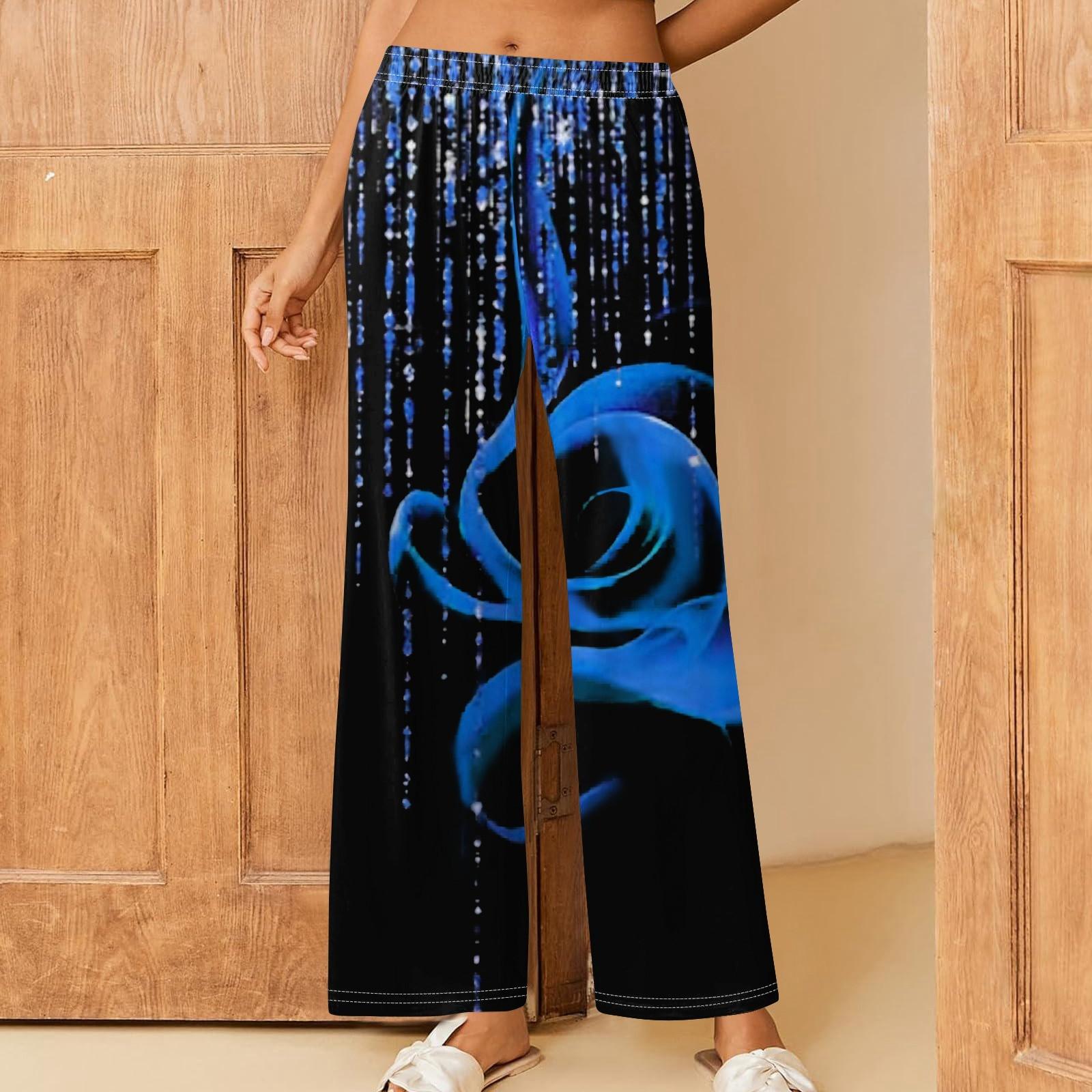 

Женские повседневные брюки прямого кроя с эластичным поясом и принтом L синий