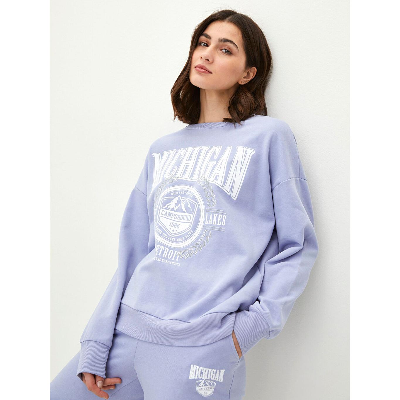 

LCW CASUAL Женская толстовка с круглым вырезом и длинным рукавом с принтом сиреневого цвета