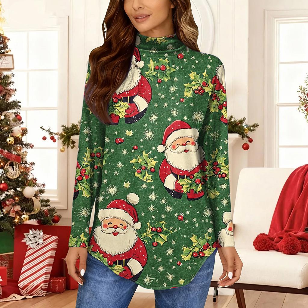 Women's Fashionable Loose-Fit High-Neck T-Shirt With Christmas Print Long-Sleeved Top